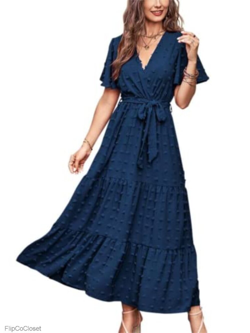 Women Swiss Dot Maxi Dress Wrap Boho Floral Long Flowy Sleeve V Neck